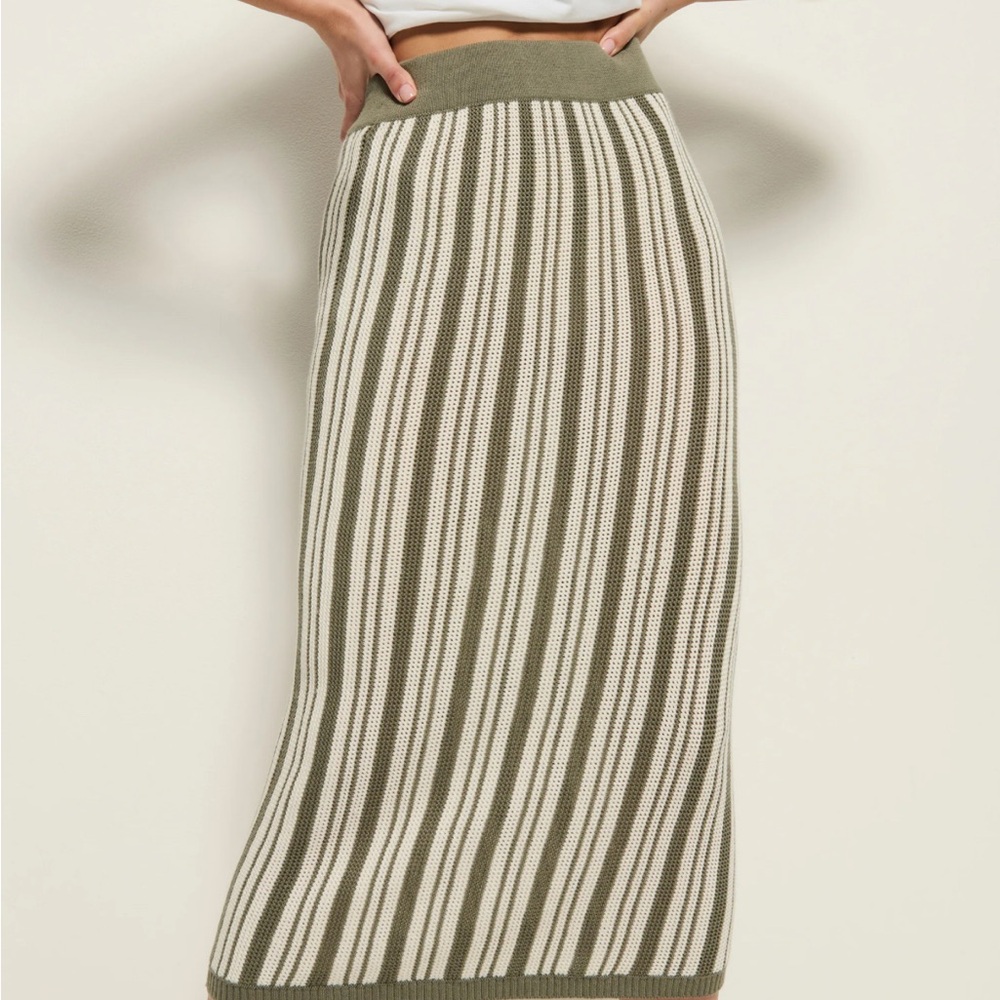 Nation LTD Striped Olive and White Knit Midi Skirt